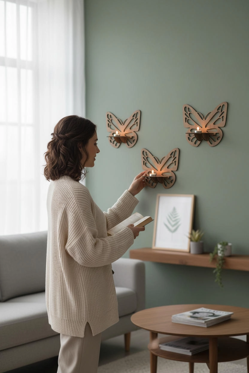 Kelebek Tasarımlı Ahşap Mumluk Seti (3’lü) Ceviz | Dekoratif Duvar Mumluğu