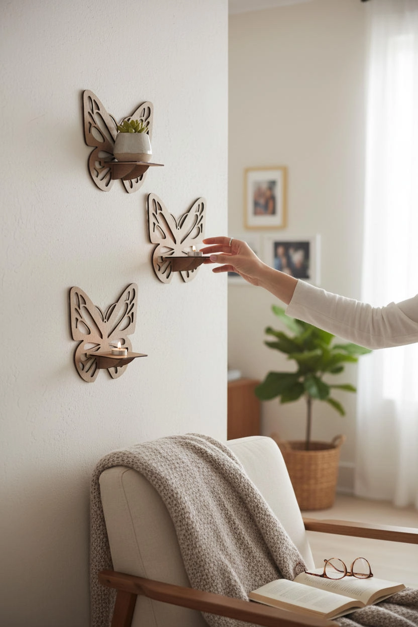 Kelebek Tasarımlı Ahşap Mumluk Seti (3’lü) Açık Meşe | Dekoratif Duvar Mumluğu