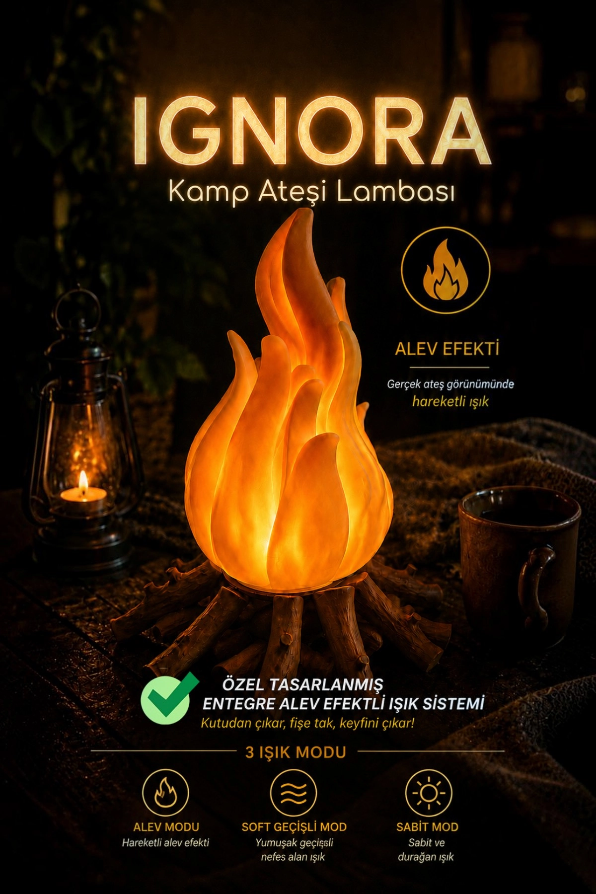 Kamp Ateşi Lambası IGNORA Entegre Alev Efektli 3 Işık Modlu 26 cm