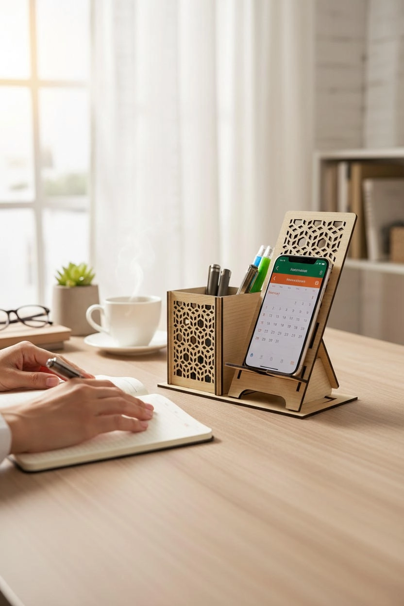 Kalemlik ve Telefon Standı – Geometrik Desenli – Doğal Ahşap (Açık Meşe)