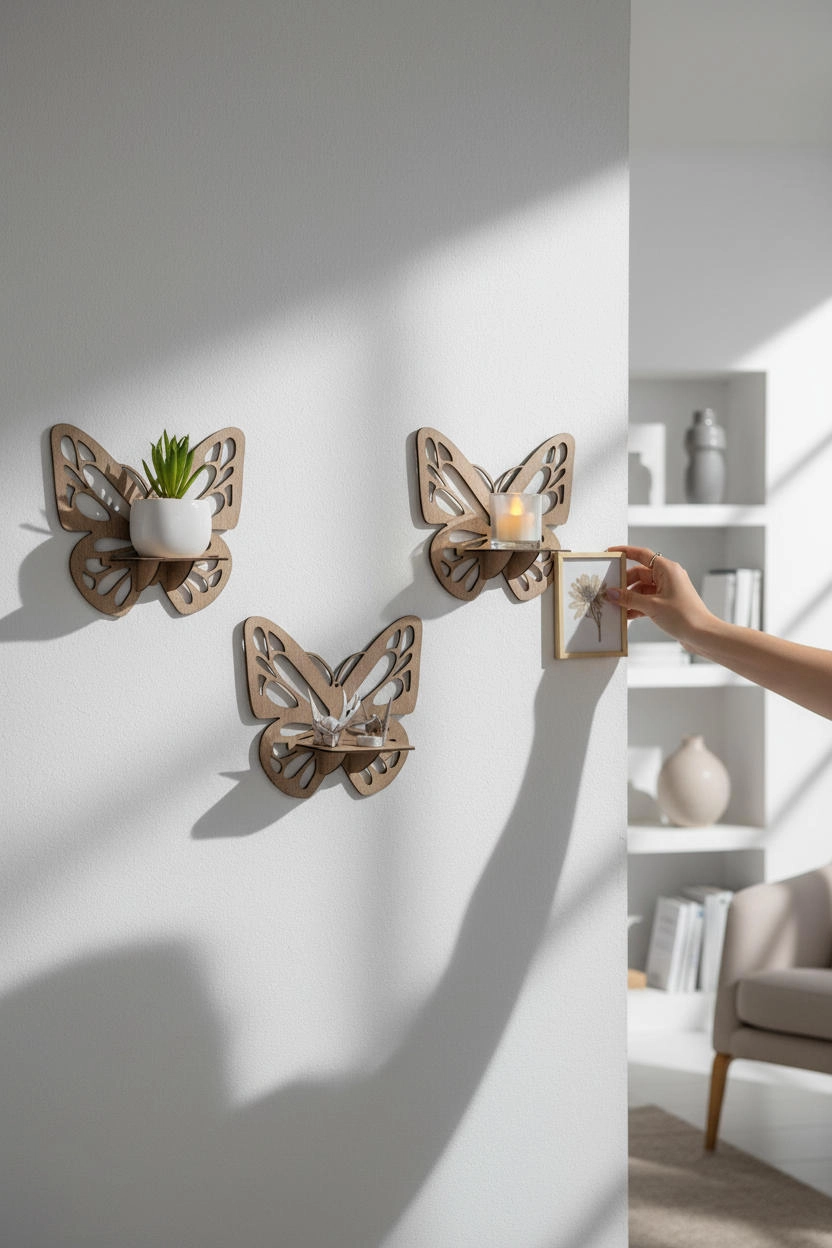 Kelebek Tasarımlı Ahşap Mumluk Seti (3’lü) Açık Meşe | Dekoratif Duvar Mumluğu