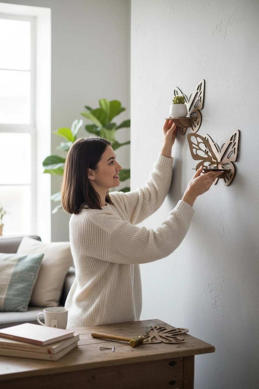 Kelebek Tasarımlı Ahşap Mumluk Seti (3’lü) Ceviz | Dekoratif Duvar Mumluğu