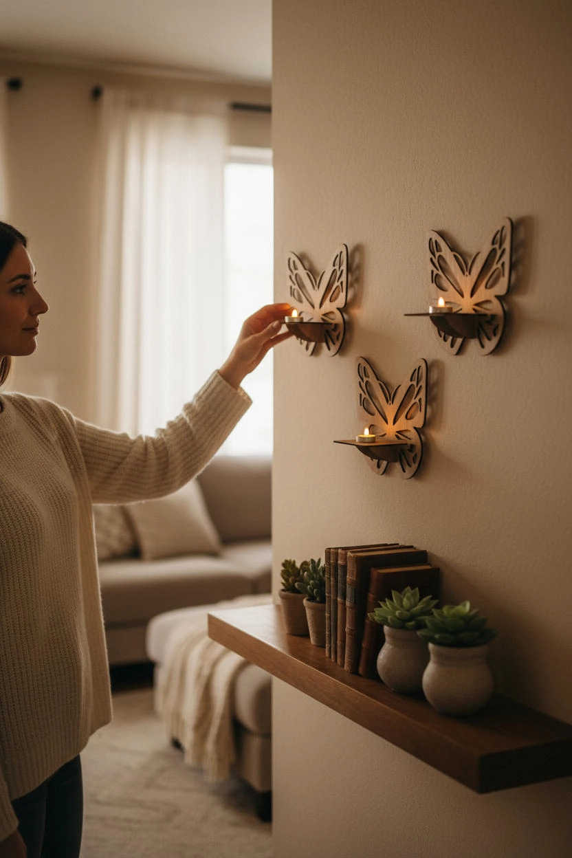 Kelebek Tasarımlı Ahşap Mumluk Seti (3’lü) Açık Meşe | Dekoratif Duvar Mumluğu