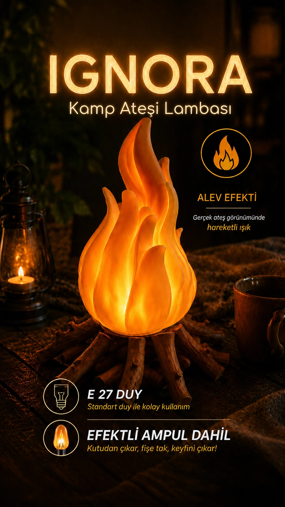 Kamp Ateşi Lambası IGNORA Entegre Alev Efektli 3 Işık Modlu 26 cm