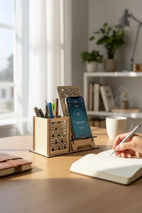 Kalemlik ve Telefon Standı – Geometrik Desenli – Doğal Ahşap (Açık Meşe)