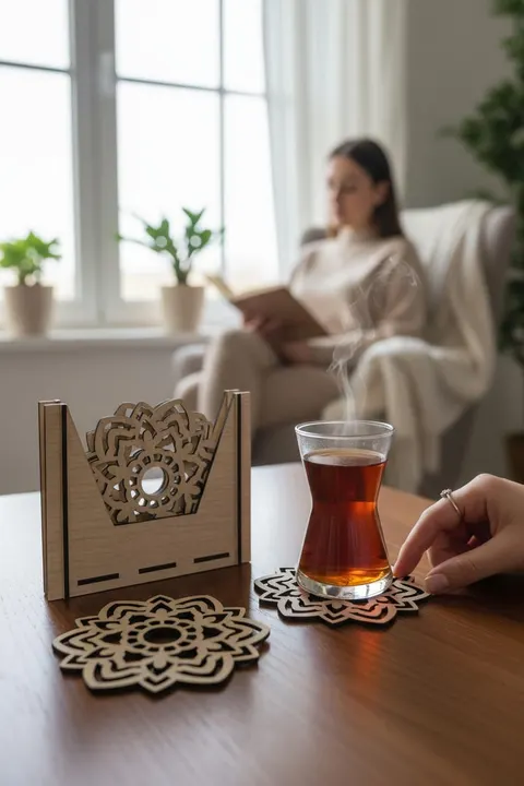 Mandala Desenli Ahşap Bardak Altlığı Seti – 4'lü Standlı