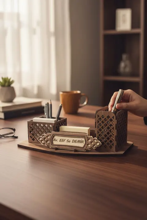 İsme Özel Ahşap Masa İsimliği ve Kalemlik LatticeCraft