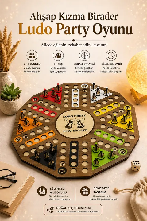 Ahşap Ludo Oyunu (Kızma Birader) - 6 Kişilik Premium Masa Oyunu