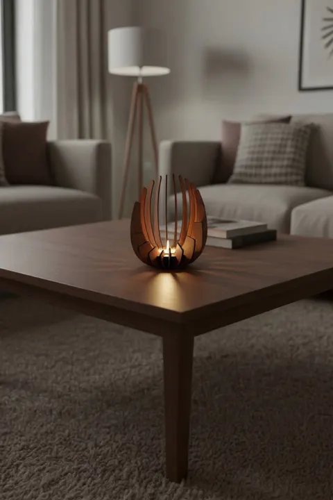 Ceviz Desenli Lotus Mumluk – 3 mm MDF Lazer Kesim, 14 cm