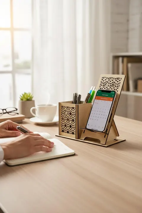 Kalemlik ve Telefon Standı – Geometrik Desenli – Doğal Ahşap (Açık Meşe)