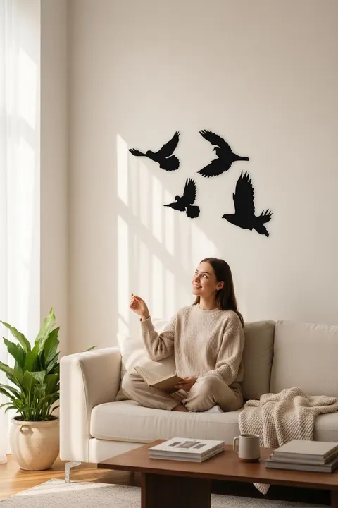 Kuş Motifli Duvar Süsü Dekoru Siyah Dekoratif Ahşap MDF 4 Parça 
