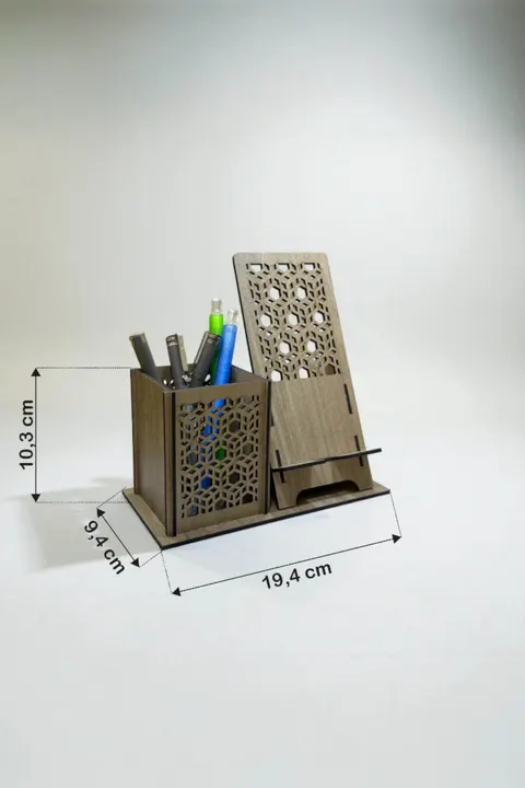 Kalemlik ve Telefon Standı – Geometrik  Koyu Ceviz Kahve
