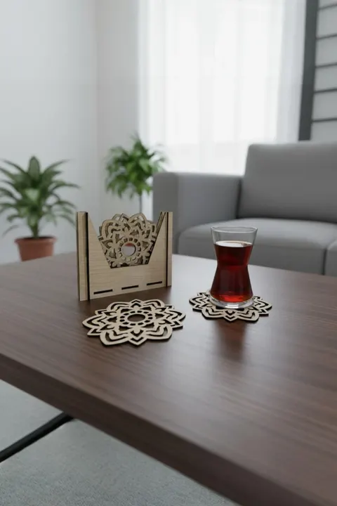 Mandala Desenli Ahşap Bardak Altlığı Seti – 4'lü Standlı
