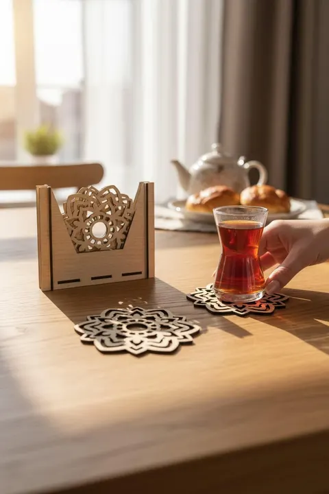 Mandala Desenli Ahşap Bardak Altlığı Seti – 4'lü Standlı