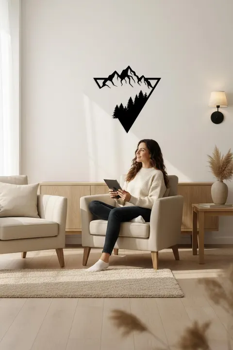 Dekoratif Duvar Süsü - Dağ Tasarım - Lazer Kesim 50 x 50cm Siyah MDF