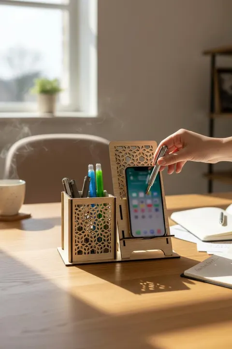 Kalemlik ve Telefon Standı – Geometrik Desenli – Doğal Ahşap (Açık Meşe)