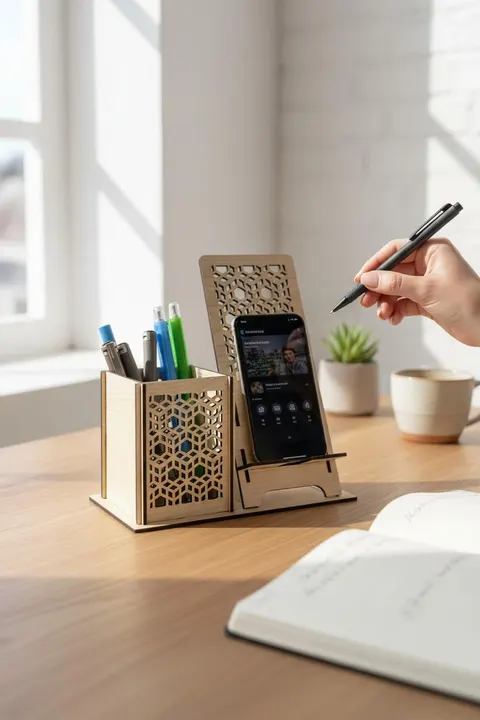 Kalemlik ve Telefon Standı – Geometrik Desenli – Doğal Ahşap (Açık Meşe)