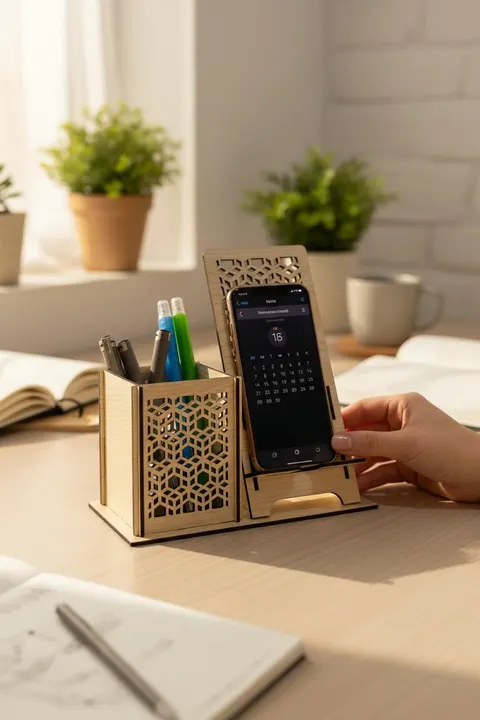 Kalemlik ve Telefon Standı – Geometrik Desenli – Doğal Ahşap (Açık Meşe)