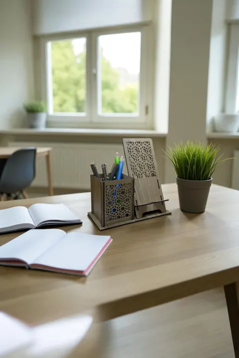 Kalemlik ve Telefon Standı – Geometrik  Koyu Ceviz Kahve