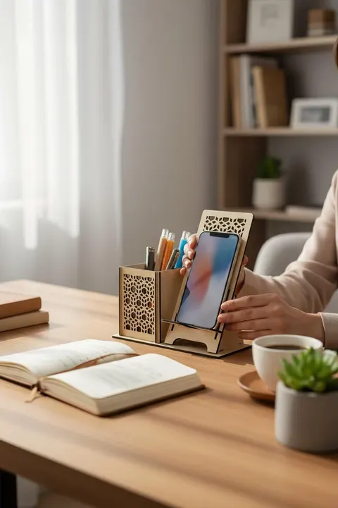 Kalemlik ve Telefon Standı – Geometrik Desenli – Doğal Ahşap (Açık Meşe)