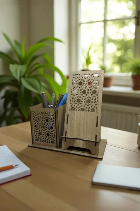 Kalemlik ve Telefon Standı – Geometrik  Koyu Ceviz Kahve