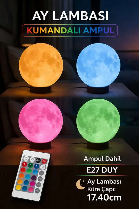 Ay Lambası Kumandalı RGB Renk Değiştiren Gece Lambası 17.4 cm E27 Ampul Dahil