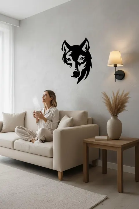 Dekoratif Duvar Süsü - Kurt Bakışlı - Lazer Kesim 40 x 50cm Siyah MDF