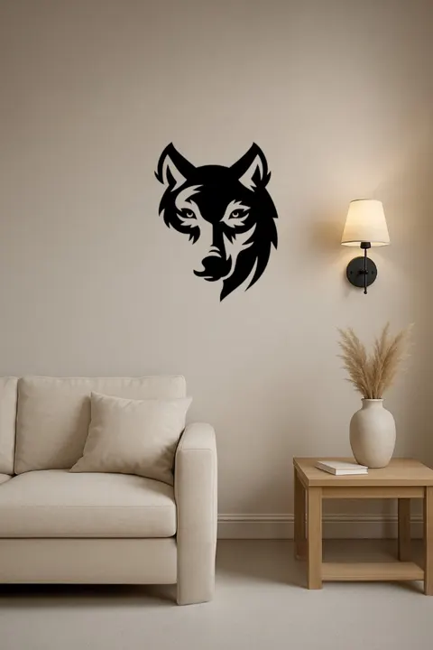 Dekoratif Duvar Süsü - Kurt Bakışlı - Lazer Kesim 40 x 50cm Siyah MDF