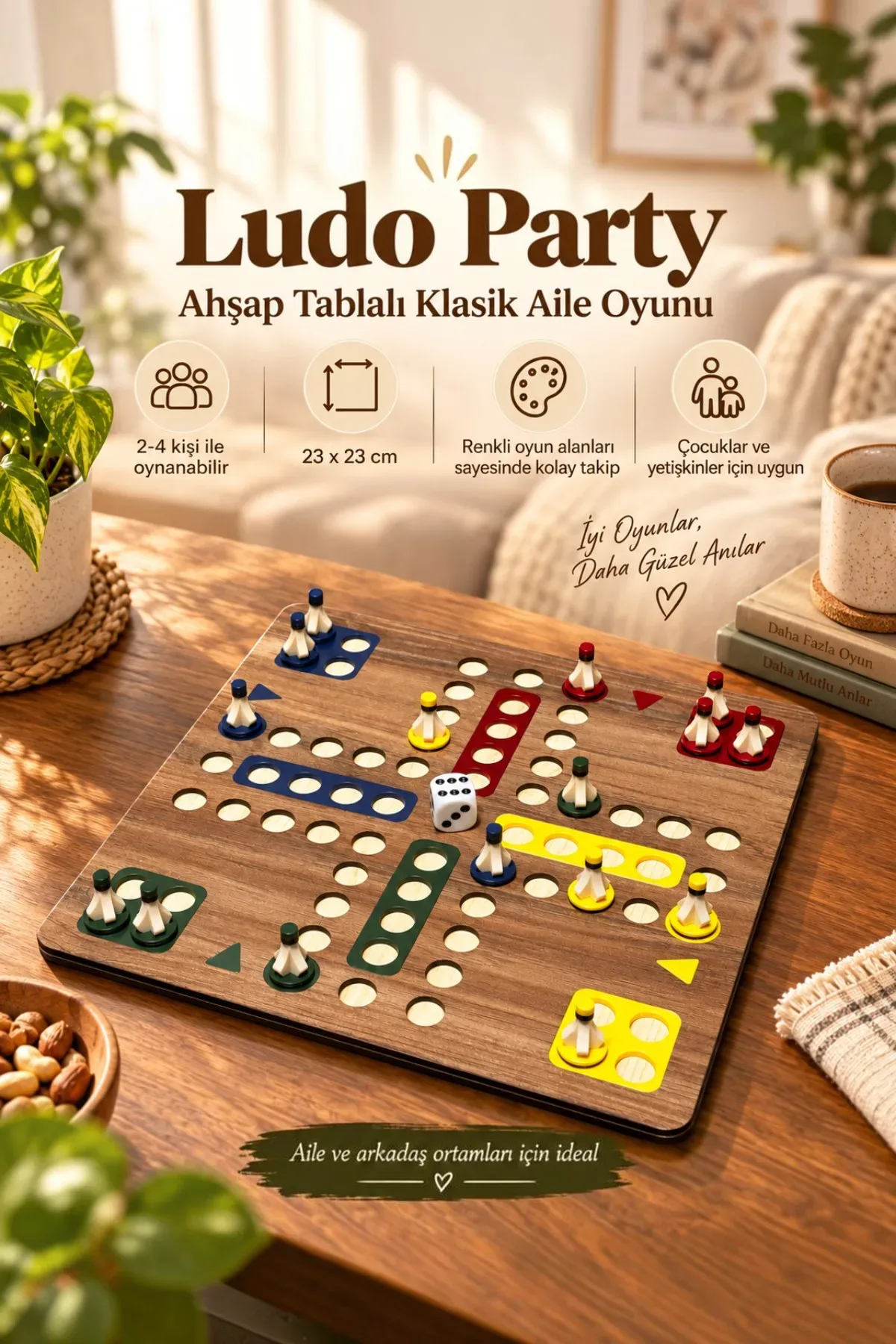 Ludo Party Kızma Birader Oyunu 2-4 Kişilik Ahşap Tabla 23x23 cm