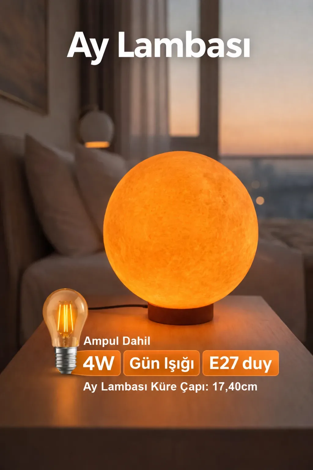 Ay Küre Masa Lambası 17.4 cm Dekoratif Gece Lambası Gün Işığı LED Ampul Dahil